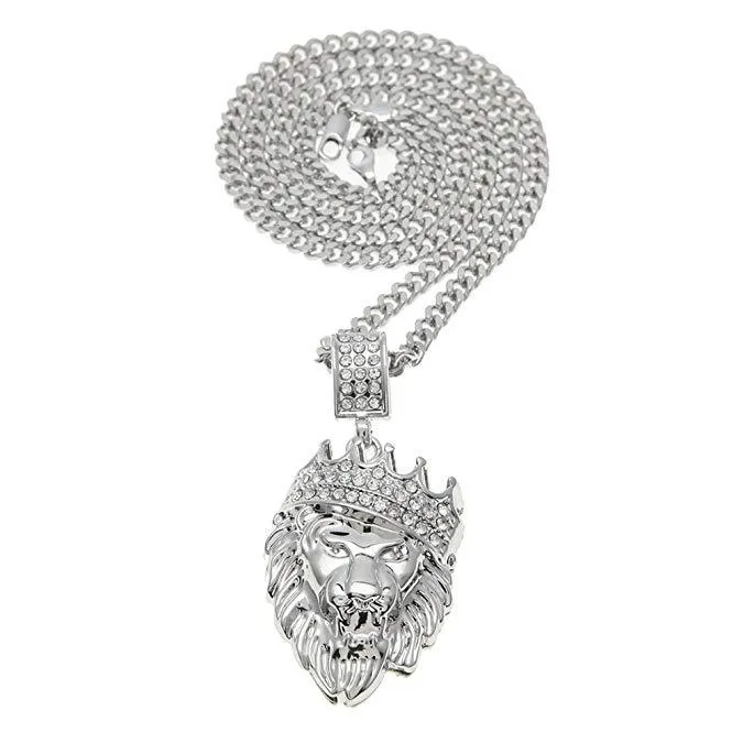 Lion Crown Pendant Necklace in 18K White Gold Plated - Hypoallergenic, Comfort Fit, Made in Italy