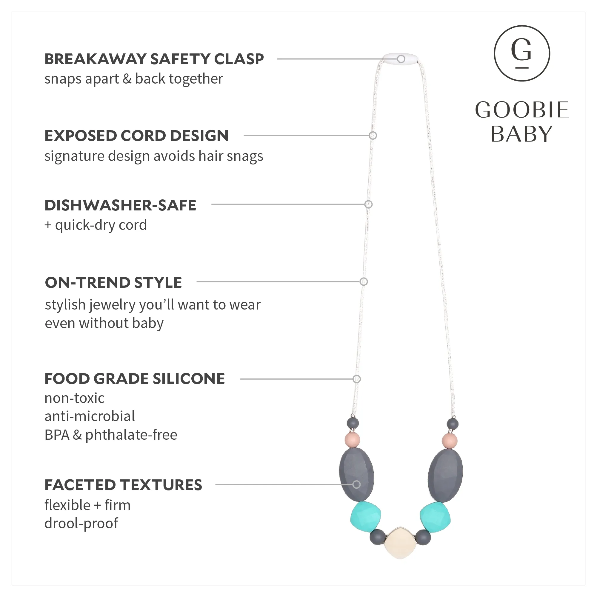 Luna Teething Necklace - Turquoise/Gray/Peach/Cream