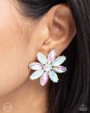 Maiden Makeover - Green - Opalescent and UV Gem Flower Paparazzi Clip-On Earrings