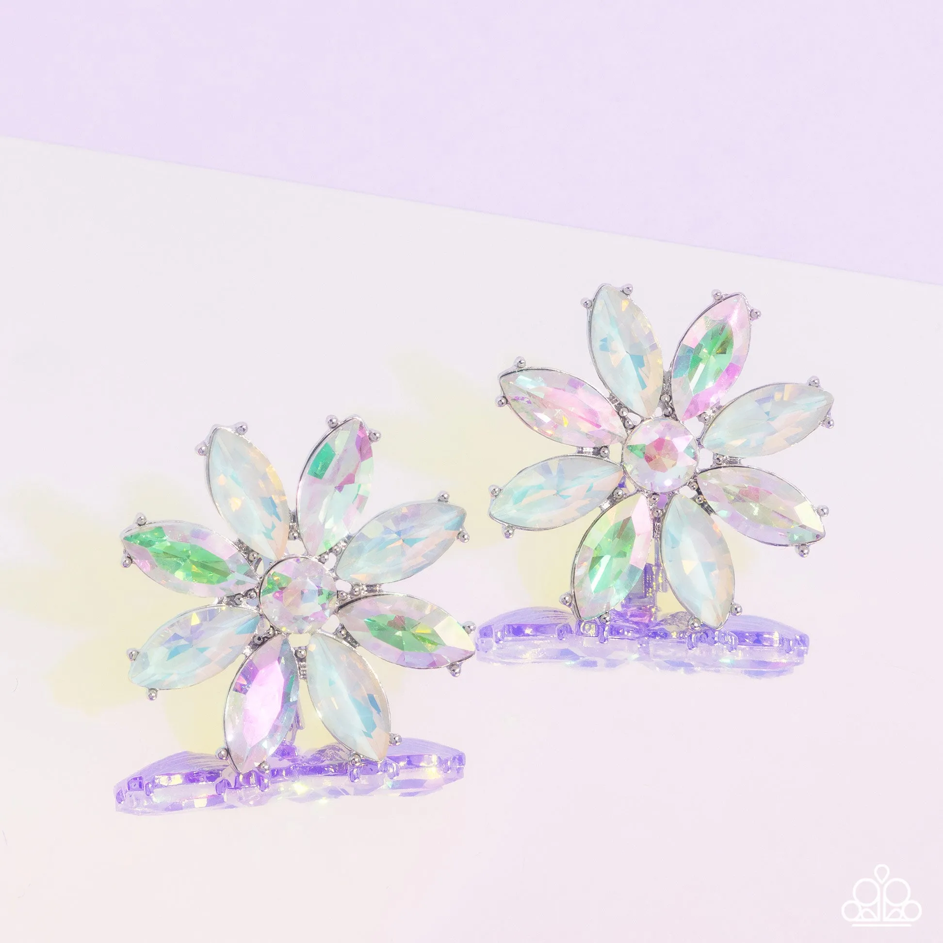 Maiden Makeover - Green - Opalescent and UV Gem Flower Paparazzi Clip-On Earrings