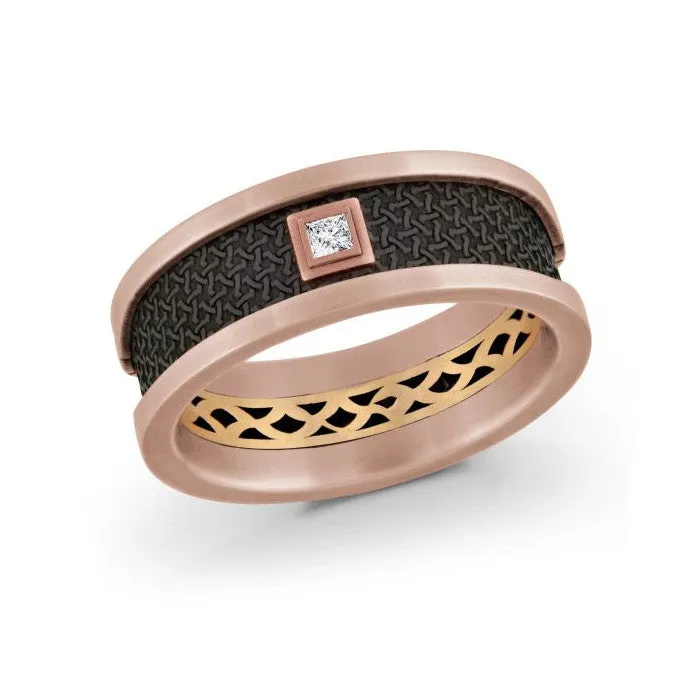 Mardini 14K Rose and Yellow Gold with Carbon Fiber (0.05ct) Princess Cut Diamond Mens Band