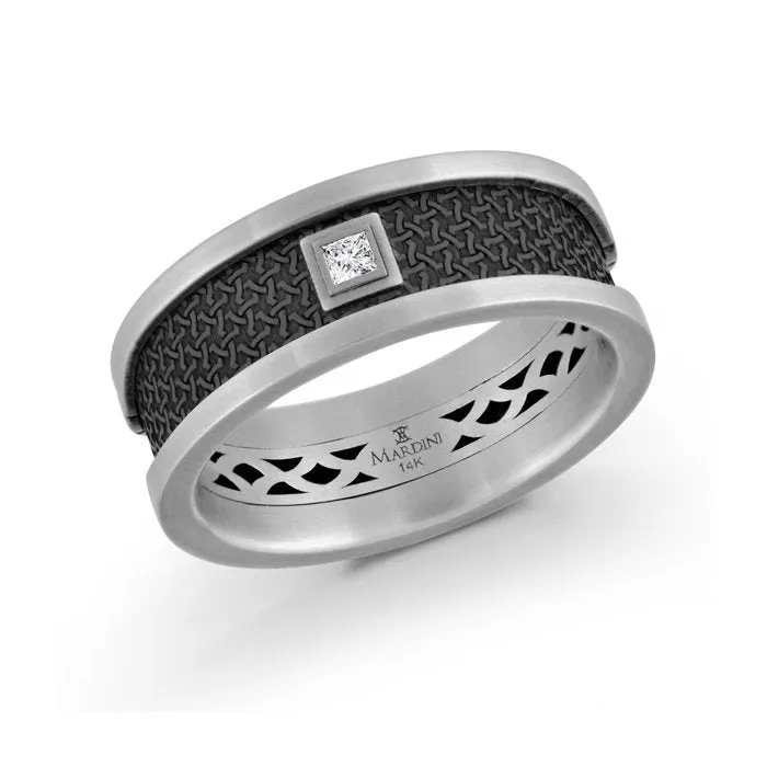 Mardini 14K White Gold and Carbon Fiber (0.05ct) Princess Cut Diamond Mens Band