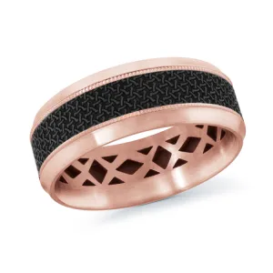 Mardini Noir Collection: 8 mm Men's Ring in 14K Rose Gold with Carbon Fiber Accent