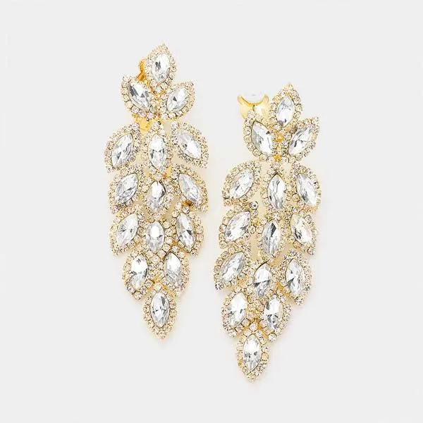 Marquise Crystal Oval Cluster Vine Gold Clip On Earrings