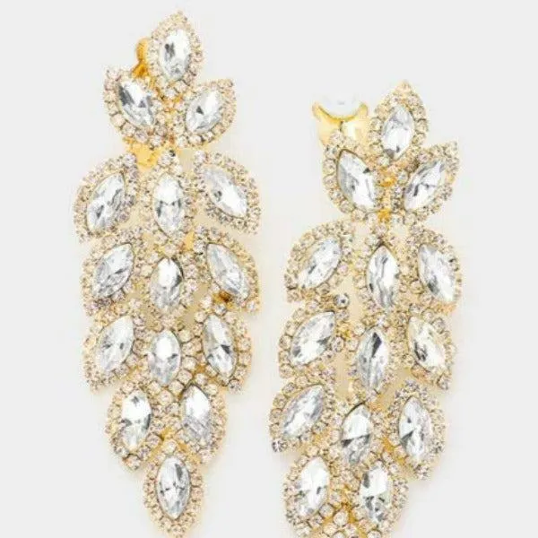 Marquise Crystal Oval Cluster Vine Gold Clip On Earrings