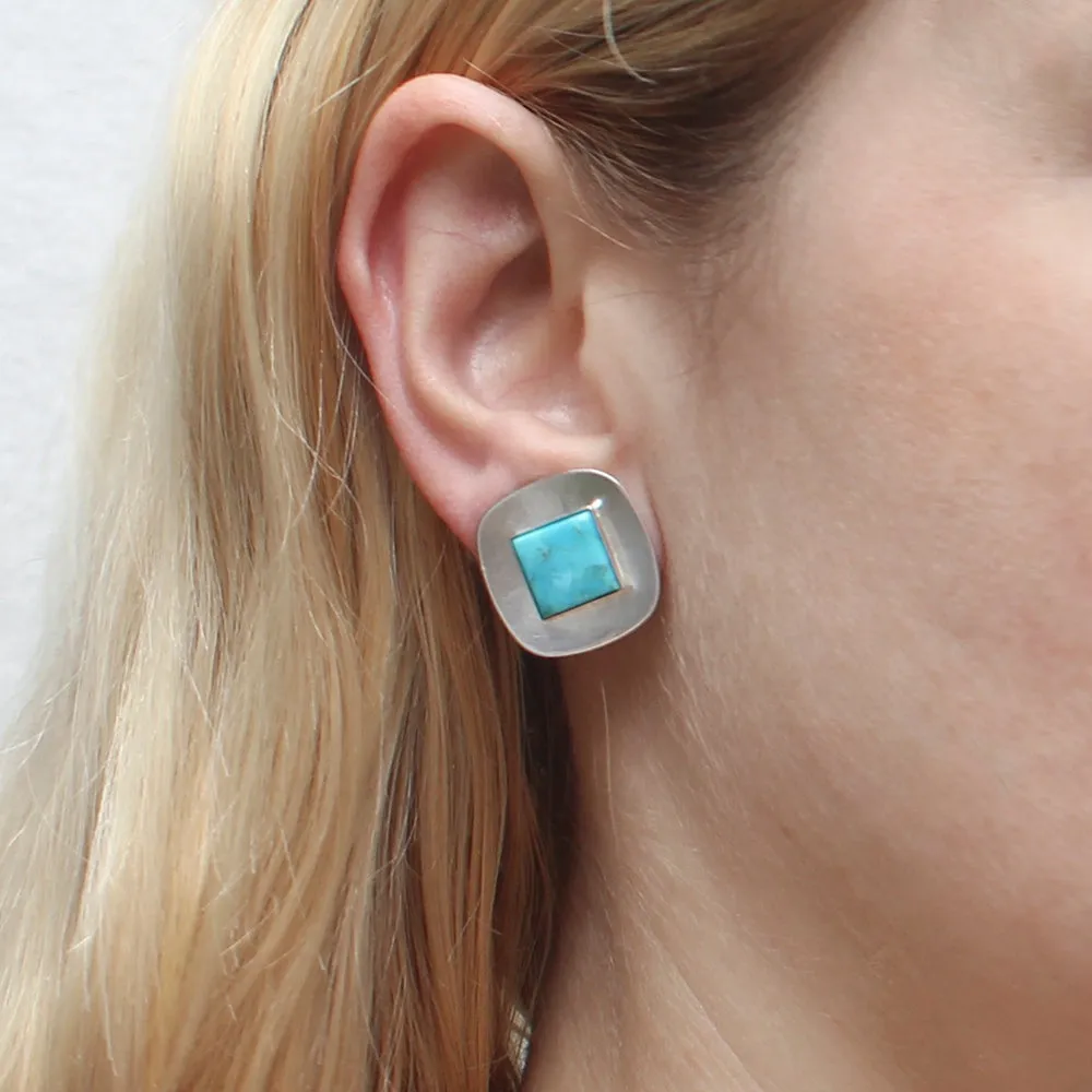 Medium Silver Rounded Square with Turquoise Clip or Post Earring