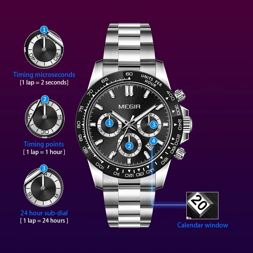 MEGIR Chronograph Quartz Watches For Men Top Brand Luxury Sports Watch Stainless Steel Strap Waterproof 24-hour Dress Wristwatch