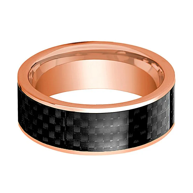 Men's 14k Rose Gold Flat Polished Wedding Band with Black Carbon Fiber Inlay