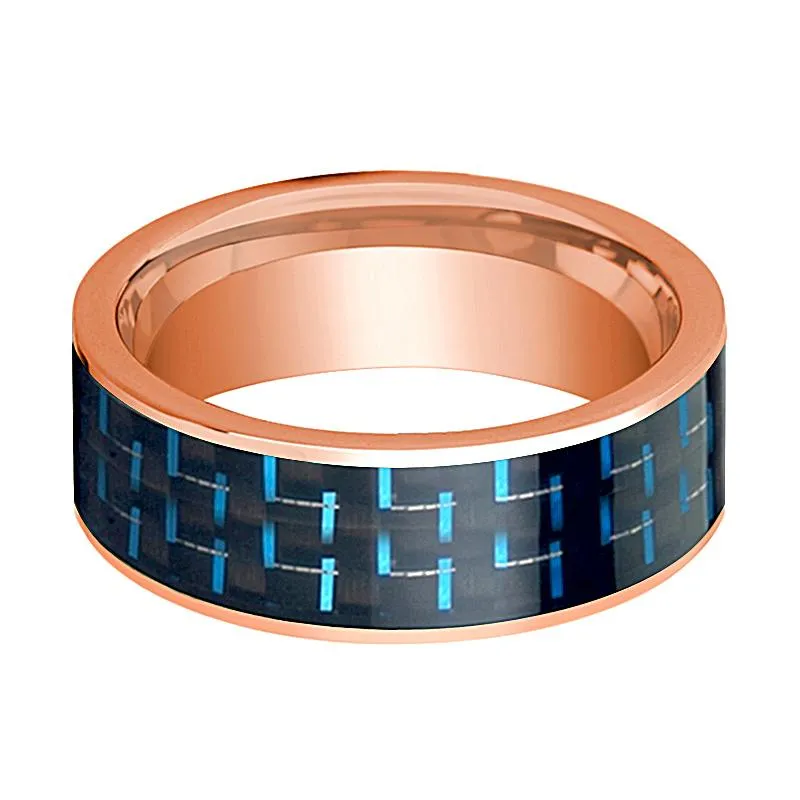 Men's 14k Rose Gold Flat Wedding Band for Men with Black and Blue Carbon Fiber Inlay - 8MM