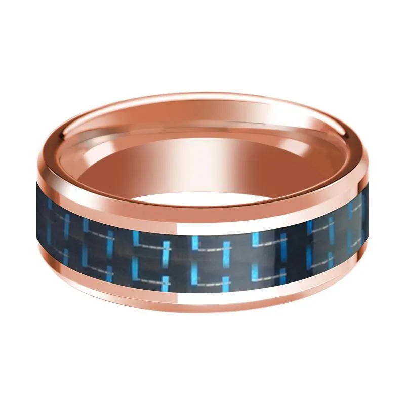 Men's 14k Rose Gold Polished Wedding Band with Black & Blue Carbon Fiber Inlay & Bevels - 8MM