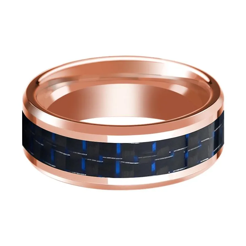 Men's 14k Rose Gold Polished Wedding Band with Blue & Black Carbon Fiber Inlay & Bevels - 8MM