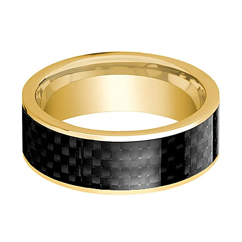 Men's 14k Yellow Gold Flat Polished Engagement Ring with Black Carbon Fiber Inlay
