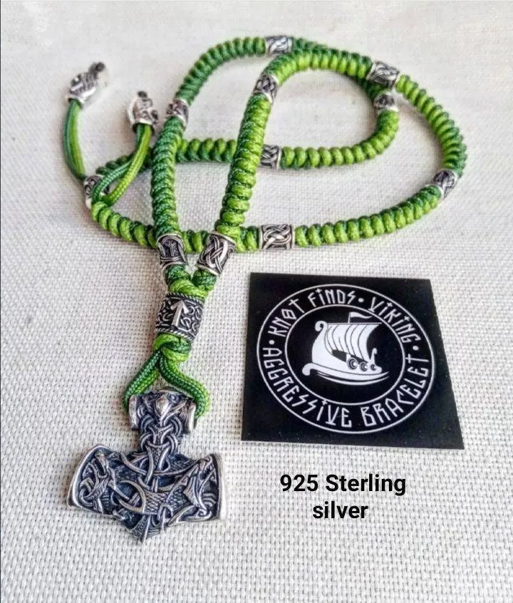 Mens necklace, 925 Sterling silver. Paracord necklace with beads. Mjolnir necklace. Celtic knot.