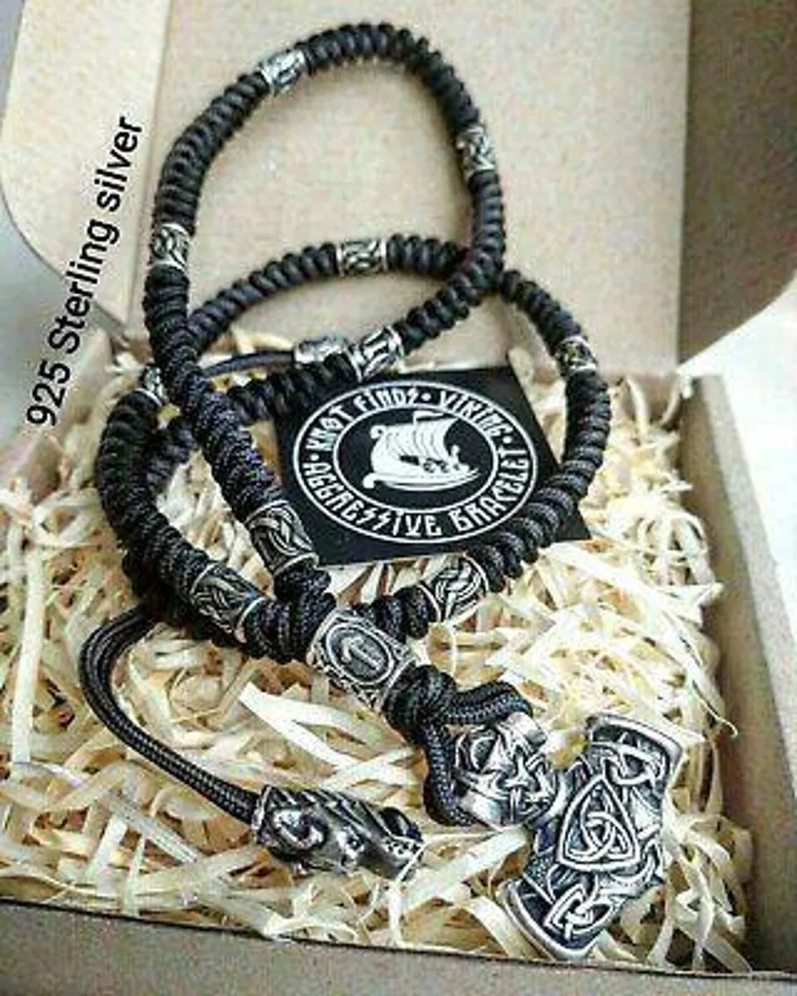 Mens necklace, 925 Sterling silver. Paracord necklace with beads. Mjolnir necklace. Celtic knot.