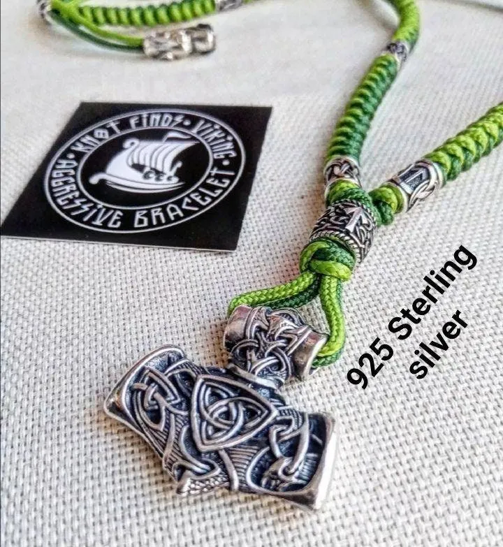 Mens necklace, 925 Sterling silver. Paracord necklace with beads. Mjolnir necklace. Celtic knot.