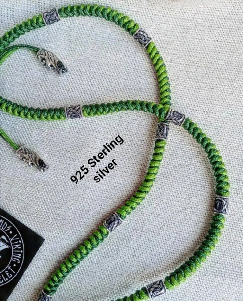 Mens necklace, 925 Sterling silver. Paracord necklace with beads. Mjolnir necklace. Celtic knot.