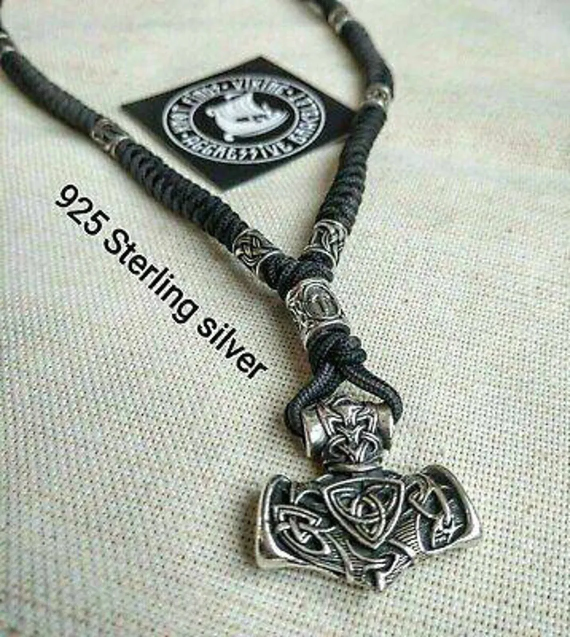 Mens necklace, 925 Sterling silver. Paracord necklace with beads. Mjolnir necklace. Celtic knot.