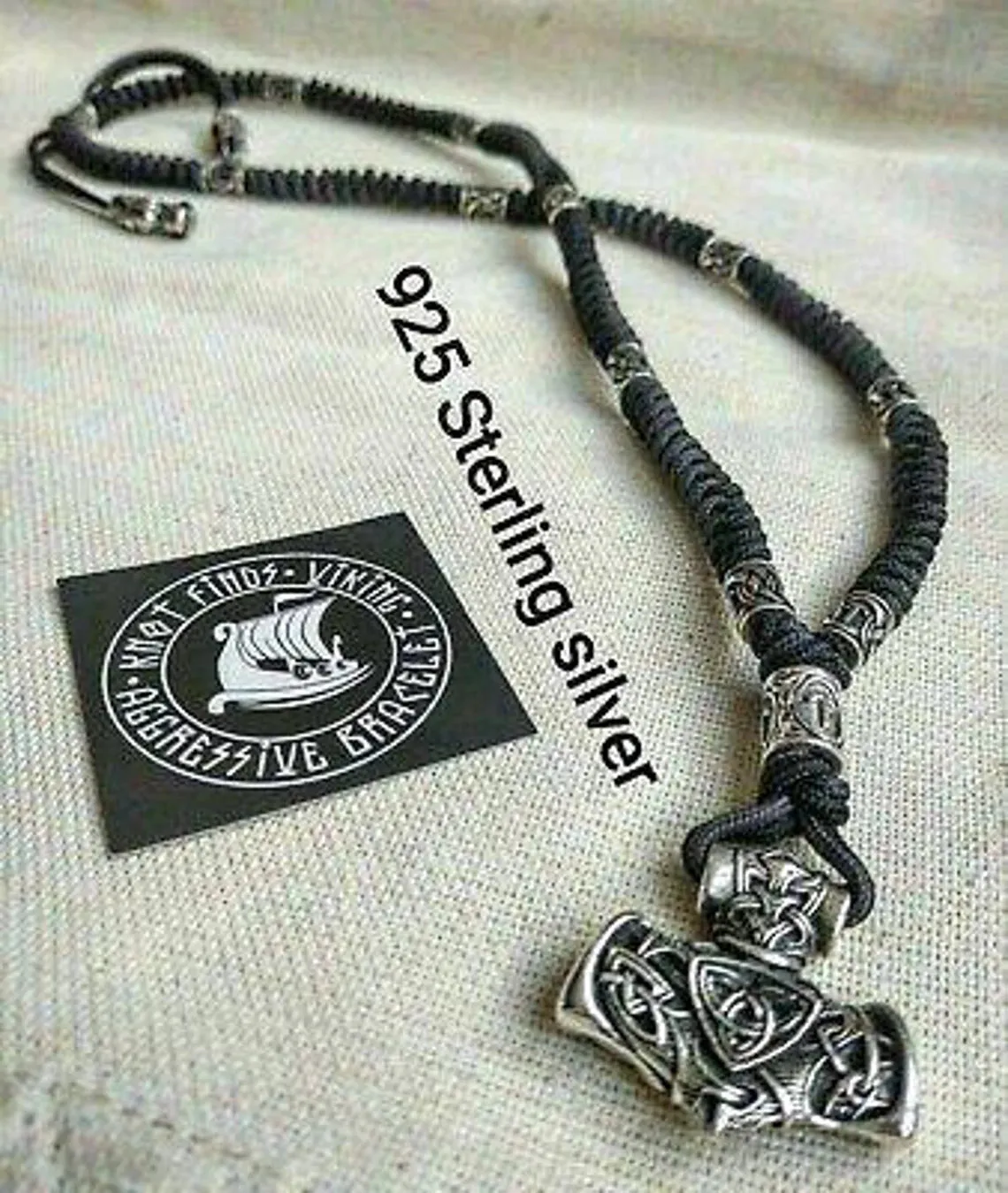 Mens necklace, 925 Sterling silver. Paracord necklace with beads. Mjolnir necklace. Celtic knot.