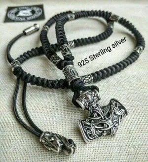 Mens necklace, 925 Sterling silver. Paracord necklace with beads. Mjolnir necklace. Celtic knot.