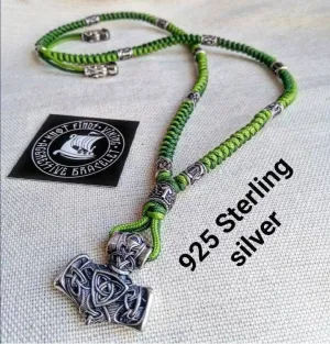 Mens necklace, 925 Sterling silver. Paracord necklace with beads. Mjolnir necklace. Celtic knot.