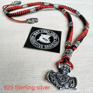 Mens necklace. Paracord necklace with 925 sterling silver beads. Mjolnir necklace. Celtic knot.