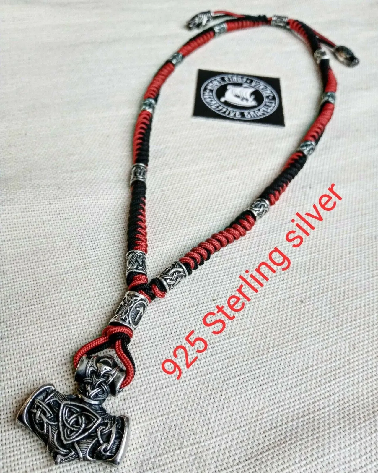 Mens necklace. Paracord necklace with 925 sterling silver beads. Mjolnir necklace. Celtic knot.