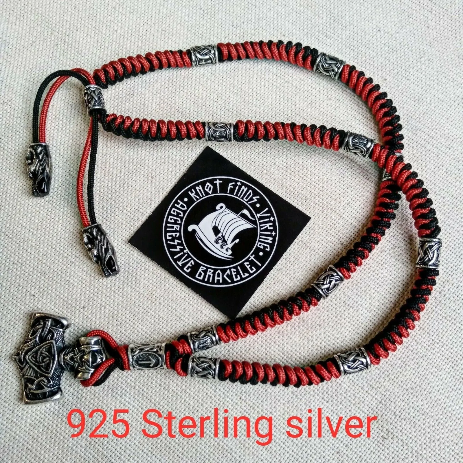 Mens necklace. Paracord necklace with 925 sterling silver beads. Mjolnir necklace. Celtic knot.