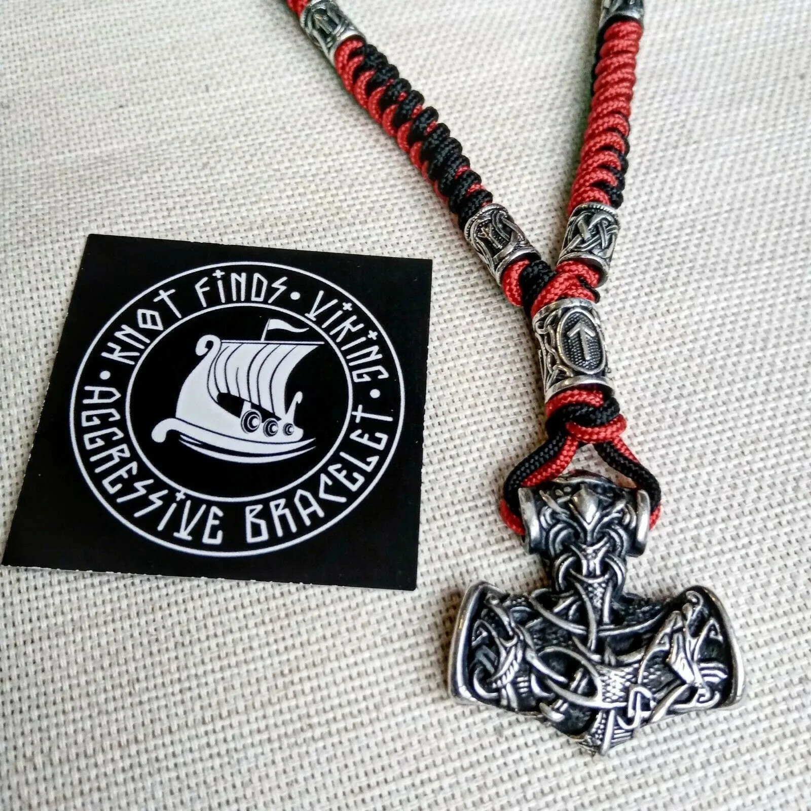 Mens necklace. Paracord necklace with 925 sterling silver beads. Mjolnir necklace. Celtic knot.