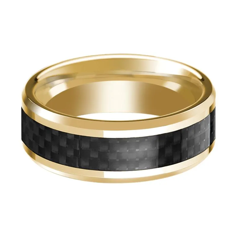 Men's Polished 14k Yellow Gold Wedding Ring with Black Carbon Fiber Inlay & Beveled Edges - 8MM