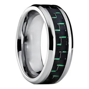 Men's Tungsten Wedding Ring High Polish w/ Green Black Carbon Fiber Inlay - 9mm
