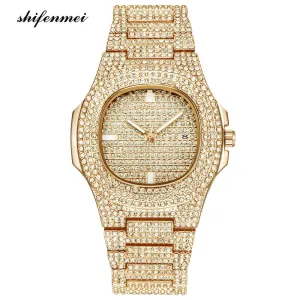 Mens Watches Fashion Diamond Automatic Date Quartz Watch Men Gold Stainless Steel Business Mens Watches Top Brand Luxury clock