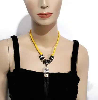 Metal pendant with tassel necklace, yellow paracord, The summer bird necklace