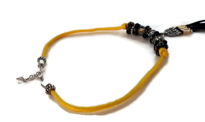 Metal pendant with tassel necklace, yellow paracord, The summer bird necklace
