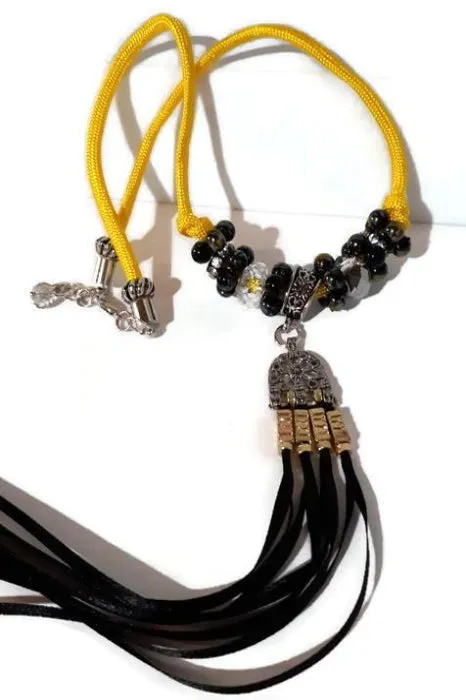 Metal pendant with tassel necklace, yellow paracord, The summer bird necklace