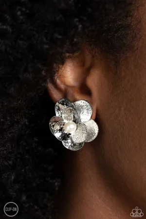 Miami Magic - White - Pearl Center Silver Flower Paparazzi Clip-On Earrings