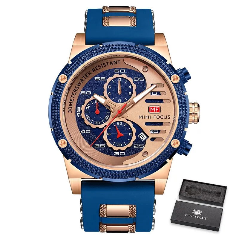 MINI FOCUS Fashion Mens Quartz Watches Multifunciton Chronograph Sports Watch Top Brand Luxury Waterproof Wristwatch gift box