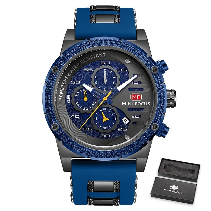 MINI FOCUS Fashion Mens Quartz Watches Multifunciton Chronograph Sports Watch Top Brand Luxury Waterproof Wristwatch gift box