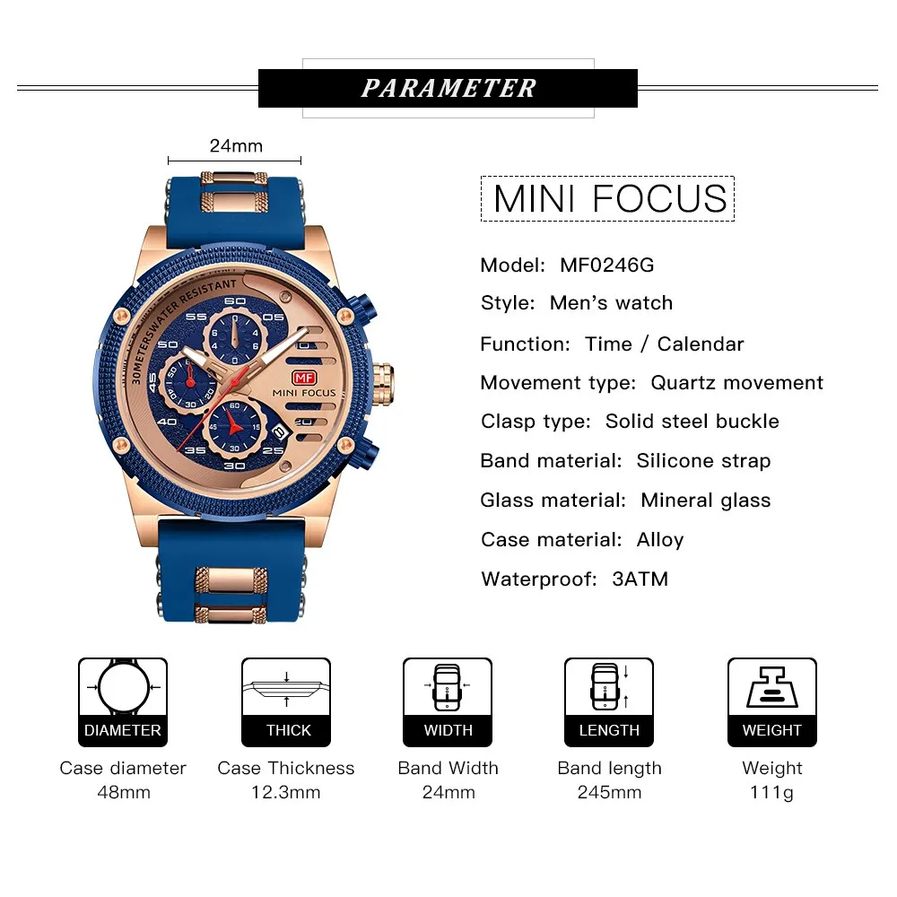 MINI FOCUS Fashion Mens Quartz Watches Multifunciton Chronograph Sports Watch Top Brand Luxury Waterproof Wristwatch gift box
