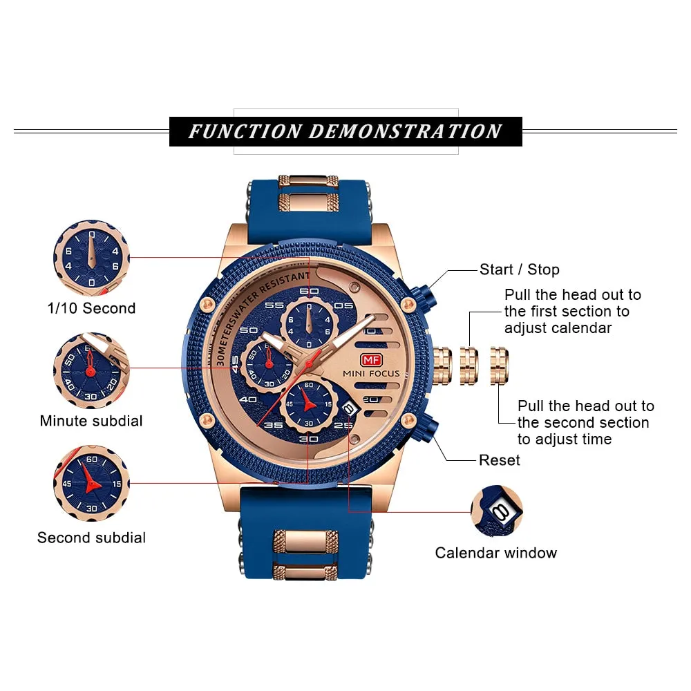 MINI FOCUS Fashion Mens Quartz Watches Multifunciton Chronograph Sports Watch Top Brand Luxury Waterproof Wristwatch gift box