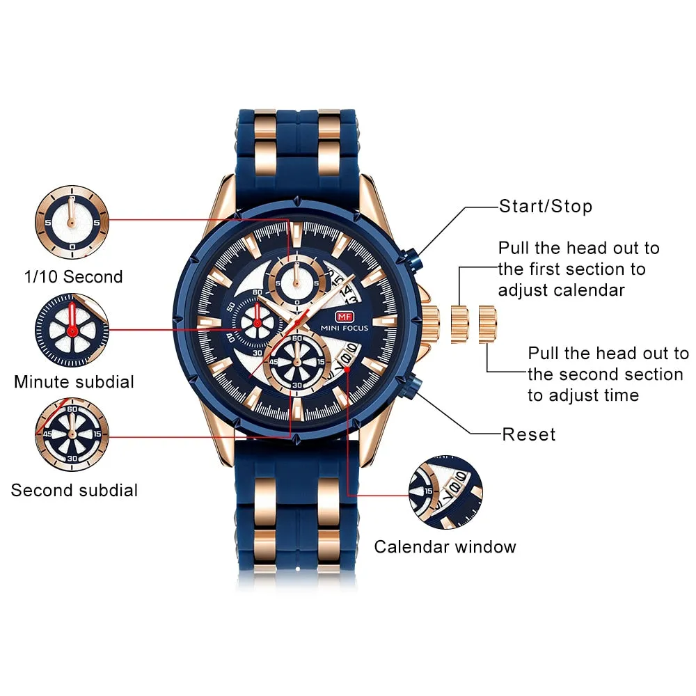 MINI FOCUS Men&#39;s Sports Chronograph Quartz Watch Male Silicone Wrist Watches Waterproof Stopwatch Man Clock Relojios Masculinos