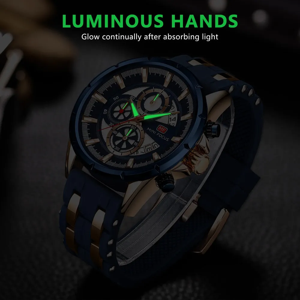 MINI FOCUS Men&#39;s Sports Chronograph Quartz Watch Male Silicone Wrist Watches Waterproof Stopwatch Man Clock Relojios Masculinos