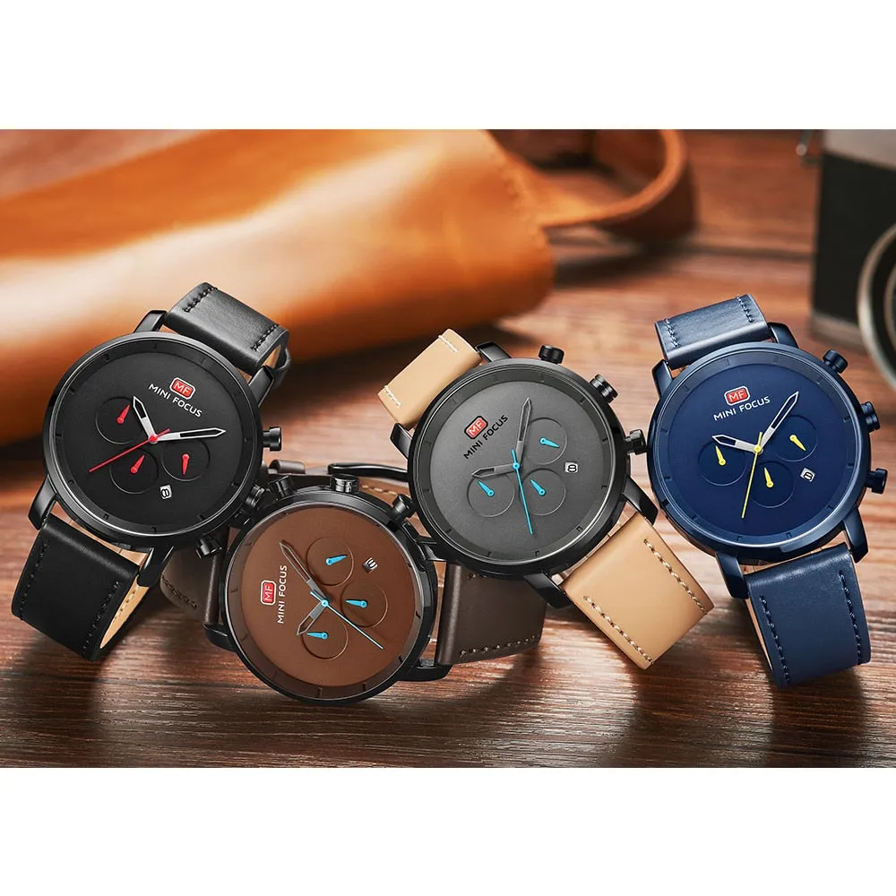 MINI FOCUS Men&#39;s Sports Watches Luxury Brand Men Quartz 24 Hour Date Leather Wrist Watch Mens Waterproof Clock Relogio Masculino