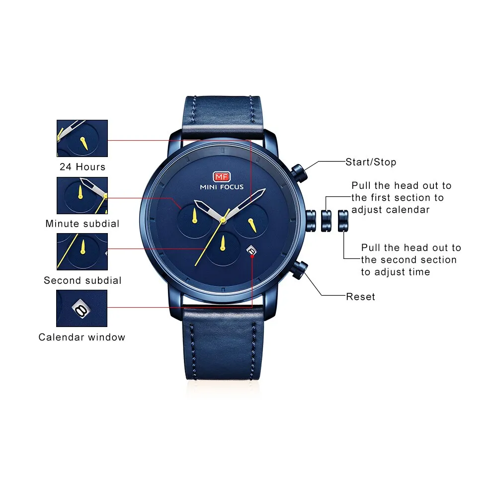 MINI FOCUS Men&#39;s Sports Watches Luxury Brand Men Quartz 24 Hour Date Leather Wrist Watch Mens Waterproof Clock Relogio Masculino