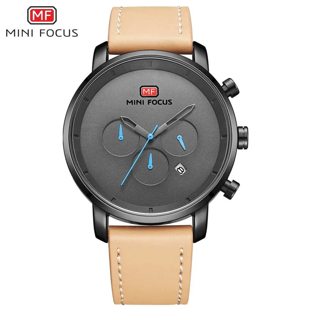 MINI FOCUS Men&#39;s Sports Watches Luxury Brand Men Quartz 24 Hour Date Leather Wrist Watch Mens Waterproof Clock Relogio Masculino