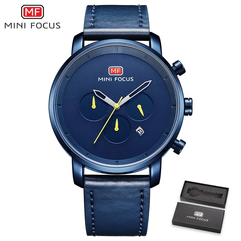 MINI FOCUS Men&#39;s Sports Watches Luxury Brand Men Quartz 24 Hour Date Leather Wrist Watch Mens Waterproof Clock Relogio Masculino