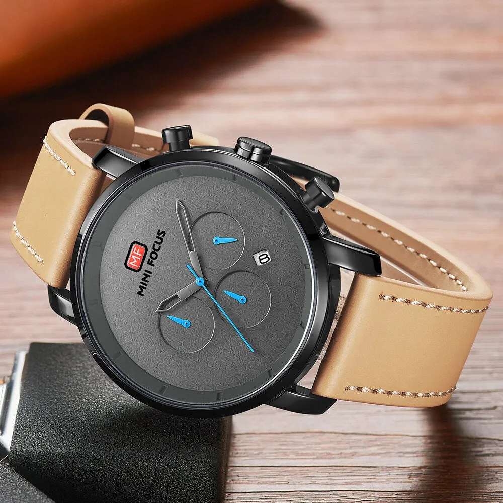 MINI FOCUS Men&#39;s Sports Watches Luxury Brand Men Quartz 24 Hour Date Leather Wrist Watch Mens Waterproof Clock Relogio Masculino