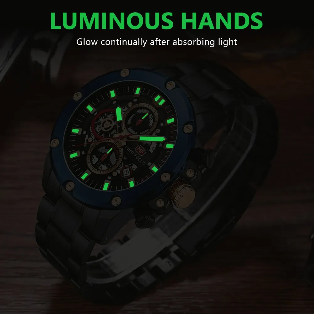 MINI FOCUS New Sports Watch Men Top Luxury Brand Stainless Steel Waterproof Clocks Man Military Quartz WristWatch Montre Homme
