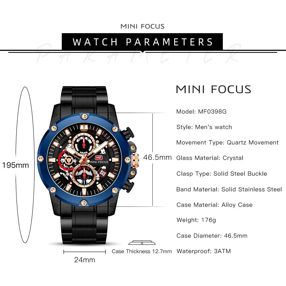 MINI FOCUS New Sports Watch Men Top Luxury Brand Stainless Steel Waterproof Clocks Man Military Quartz WristWatch Montre Homme