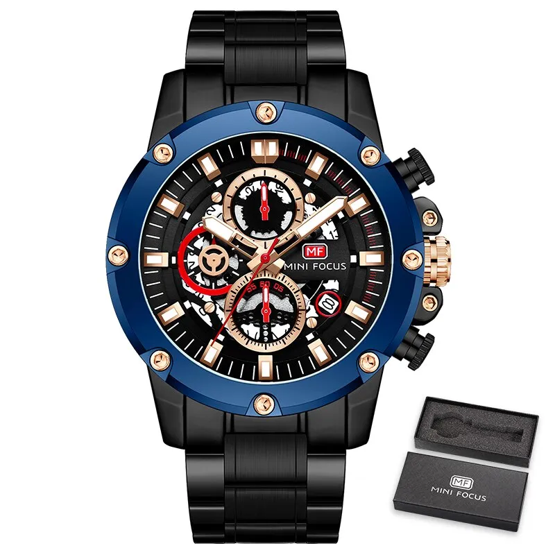 MINI FOCUS New Sports Watch Men Top Luxury Brand Stainless Steel Waterproof Clocks Man Military Quartz WristWatch Montre Homme