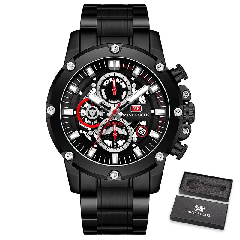 MINI FOCUS New Sports Watch Men Top Luxury Brand Stainless Steel Waterproof Clocks Man Military Quartz WristWatch Montre Homme